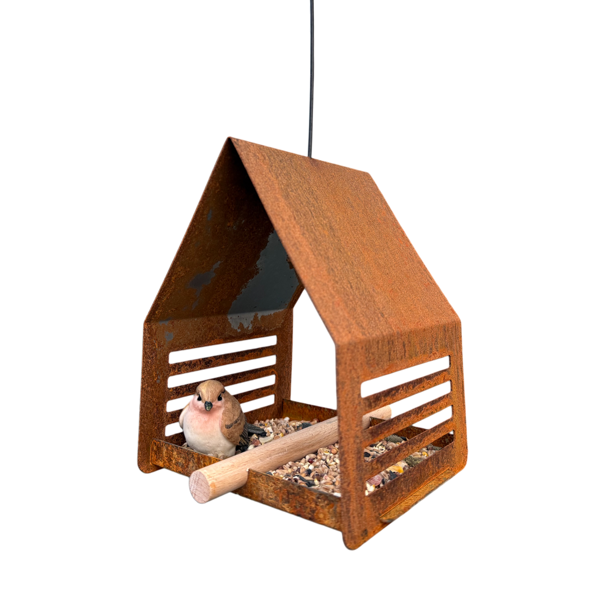 Vogelvoederhuis SYLVA – cortenstalen hangend vogelhuis met RVS haak