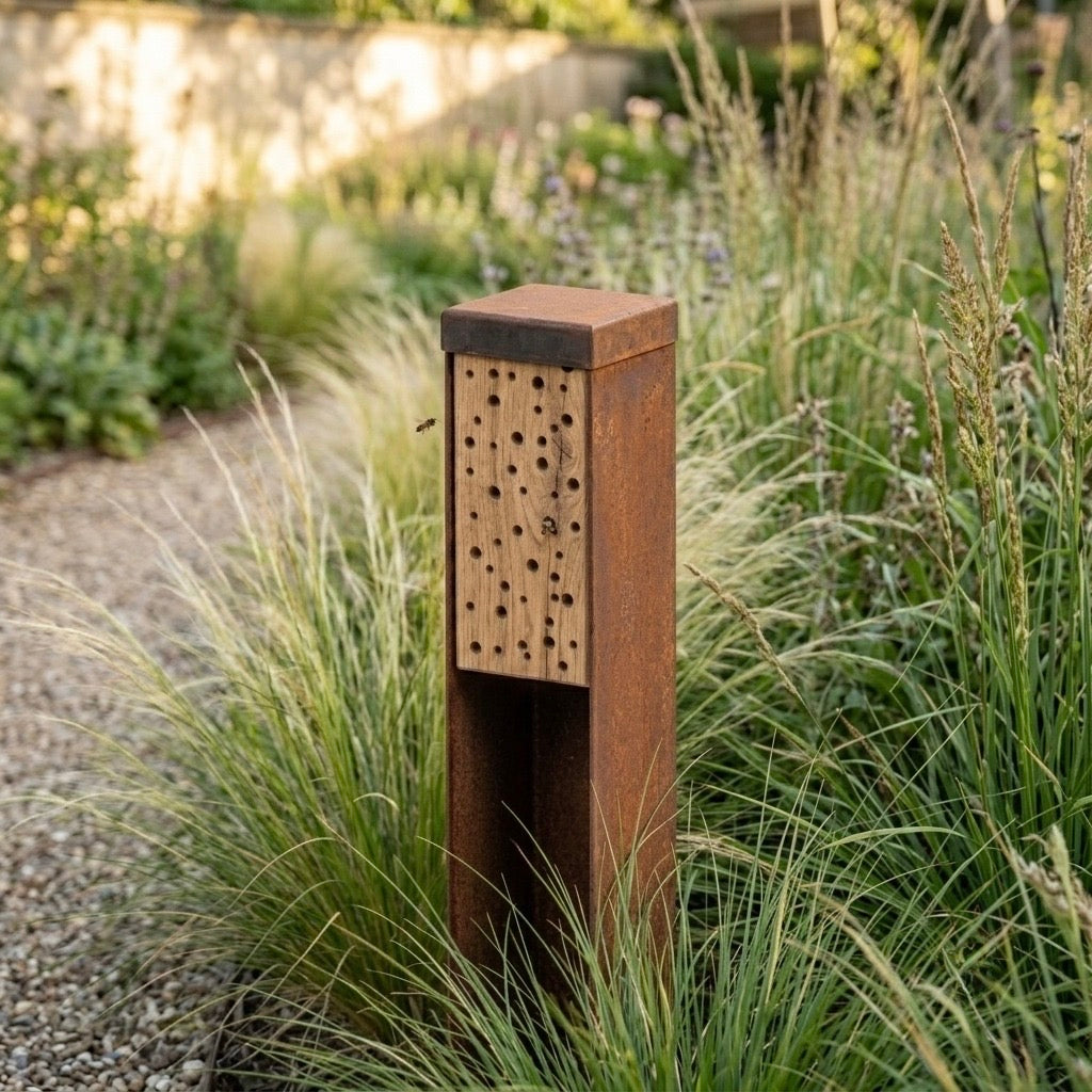 Sfeerfoto van Bijenhotel CELL van cortenstaal en eikenhout geplaatst in de tuin