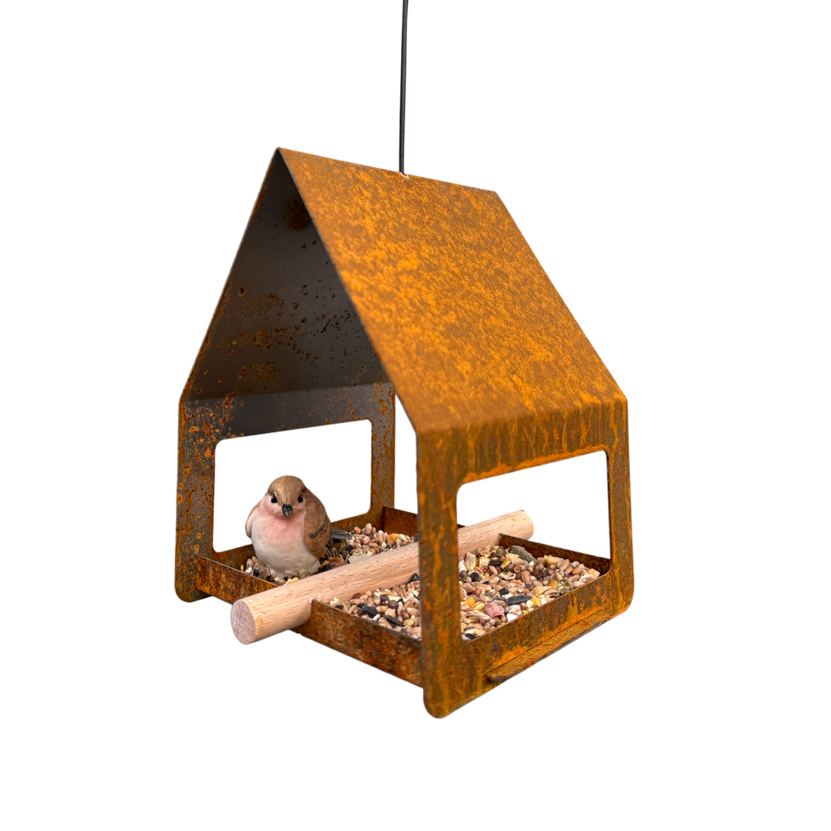 Vogelvoederhuis CELA – cortenstalen hangend vogelhuis met RVS haak