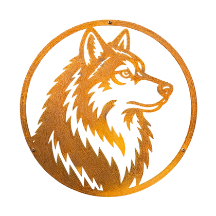 Wanddecoratie HUSKY van cortenstaal met wolf, ronde muurdecoratie voor buiten