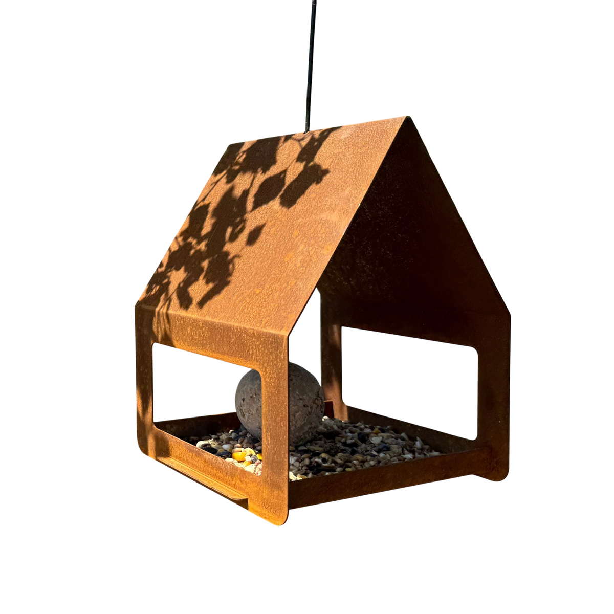 Vogelvoederhuis EON – cortenstalen hangend vogelhuis met RVS haak