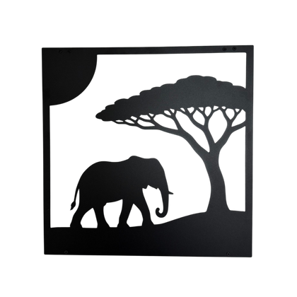 Productfoto van stalen Wanddecoratie SAFARI met olifant, acaciaboom en zon